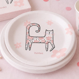 Modern Whimsical Pink Cat Purrfect Birthday Party Paper Plate
