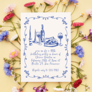 Modern Whimsical Pizza Wine Doodle Birthday Party Invitation
