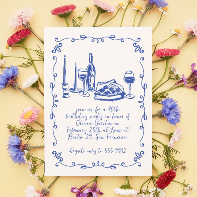 Modern Whimsical Pizza Wine Doodle Birthday Party Invitation (Creator Uploaded)