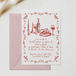 Modern Whimsical Pizza Wine Doodle Bridal Shower Invitation