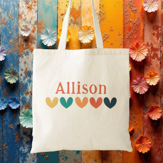 Modern Whimsical Rainbow Hearts Cute Girls Tote Bag