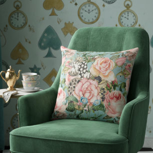Modern Whimsical Roses And Clocks Pattern Blue Cushion