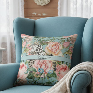 Modern Whimsical Roses And Clocks Pattern Blue Cushion