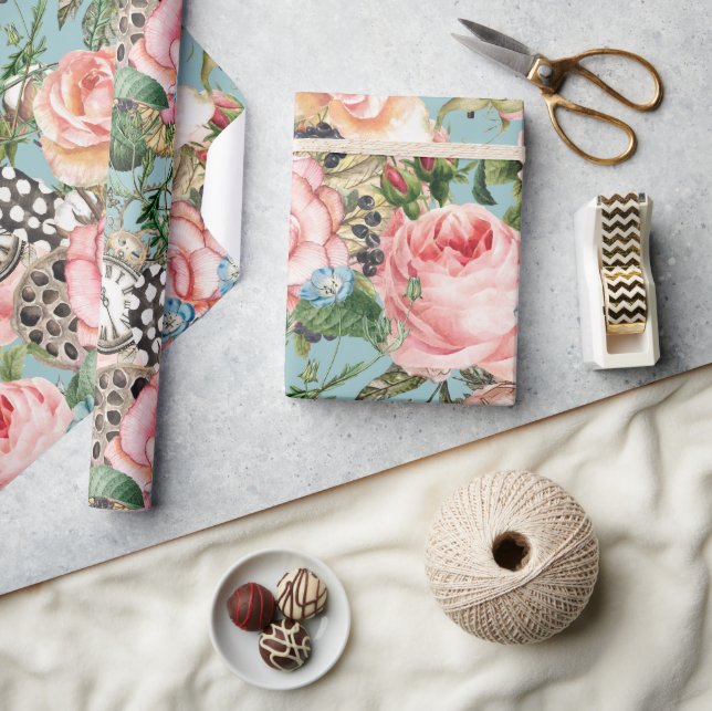 Modern Whimsical Roses And Clocks Pattern Blue Wrapping Paper (Crafts)