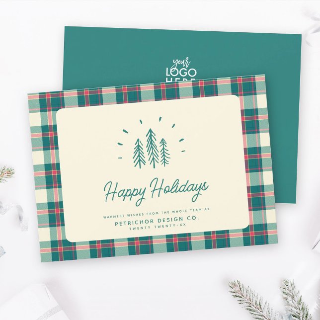 Modern Whimsical Rustic Trees Retro Plaid Business Holiday Card (Creator Uploaded)