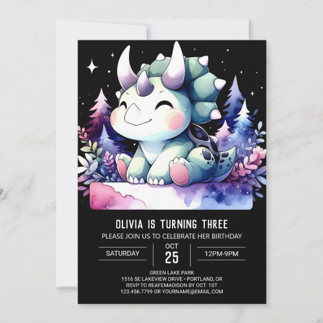 Modern Whimsical Triceratops Birthday Invitation (Front)