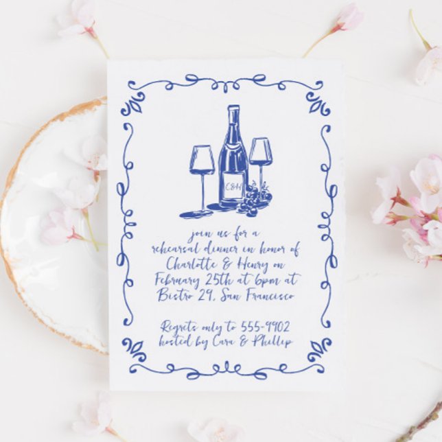 Modern Whimsical Wine Doodle Rehearsal Dinner Invitation (Creator Uploaded)