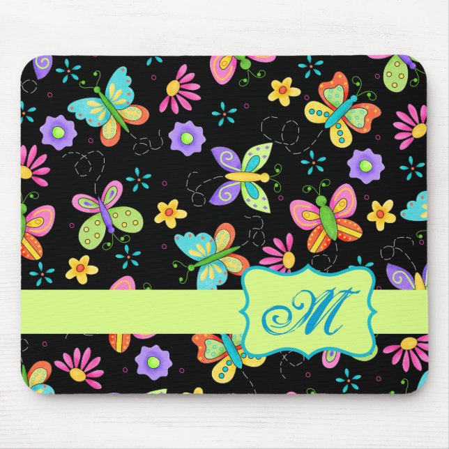 Modern Whimsy Butterflies on Black Monogram Mouse Pad (Front)