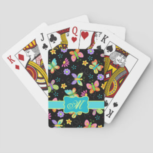 Modern Whimsy Butterflies on Black Monogram Playing Cards