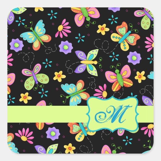Modern Whimsy Butterflies on Black Monogram Square Sticker (Front)