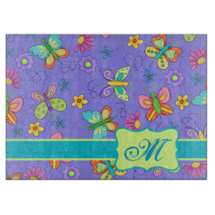 Modern Whimsy Butterflies on Purple  Monogram Cutting Board