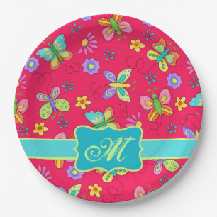 Modern Whimsy Butterflies on Red Monogram Paper Plate