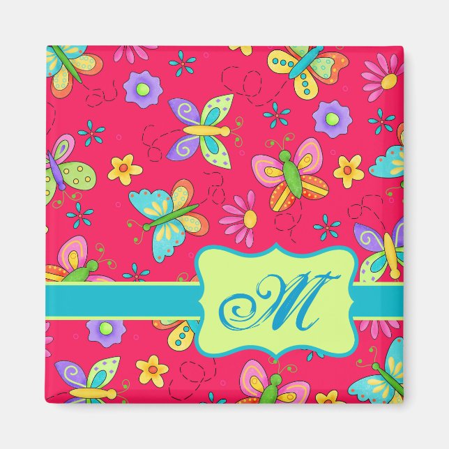 Modern Whimsy Butterflies on Red Monogram Personal Magnet (Front)
