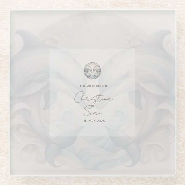 Modern Whimsy Dolphin Wedding Glass Coaster (Front)