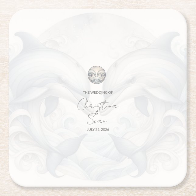 Modern Whimsy Dolphin Wedding Square Paper Coaster (Front)