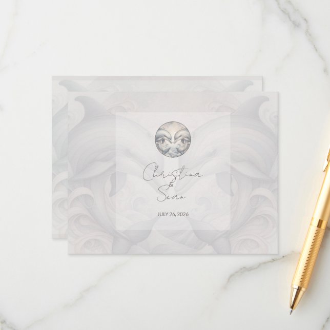 Modern Whimsy Dolphins Wedding QR Code Enclosure C Card (Front/Back In Situ)