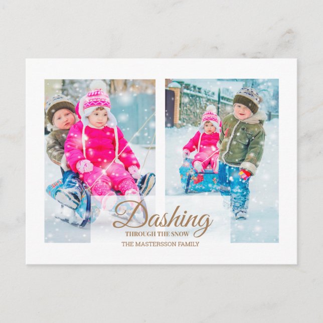 Modern White 2 Photo Christmas Dashing Snow Holiday Postcard (Front)