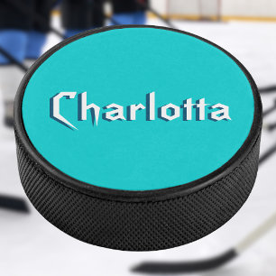 Modern White 3D Cuztomized Name   Turquoise Blue  Hockey Puck