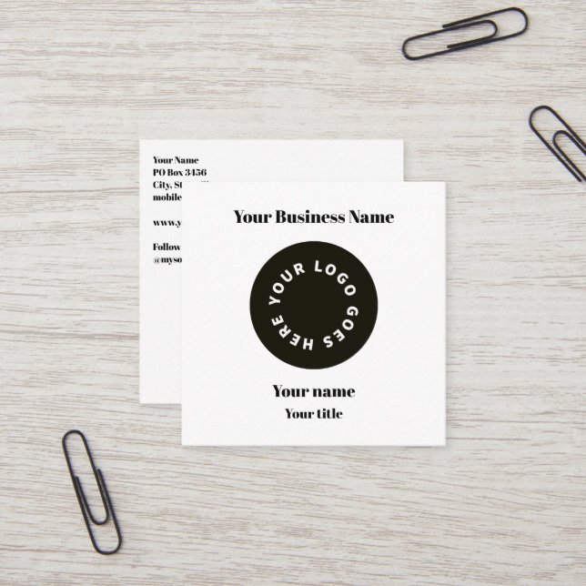 Modern White Add Your Logo with QR code Square Business Card (Front/Back In Situ)