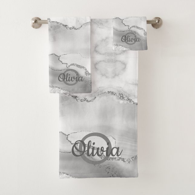 Modern White Agate Silver Monogram Marble Bath Towel Set (Insitu)