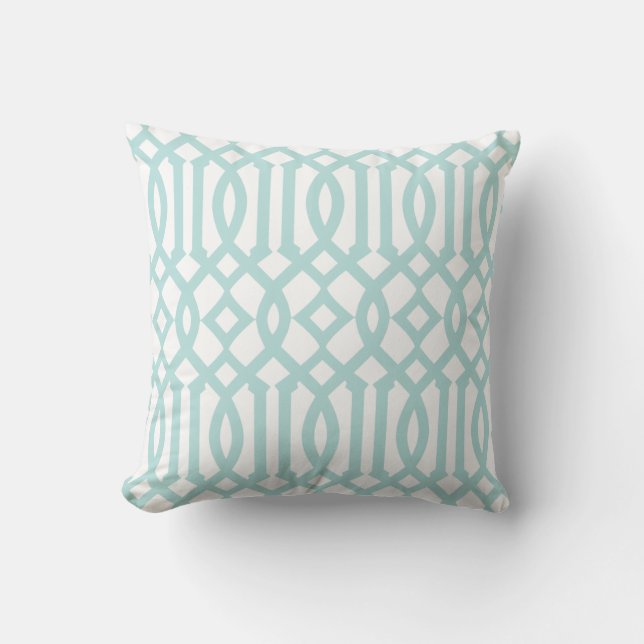 Modern White and Aqua Trellis Pattern Cushion (Front)