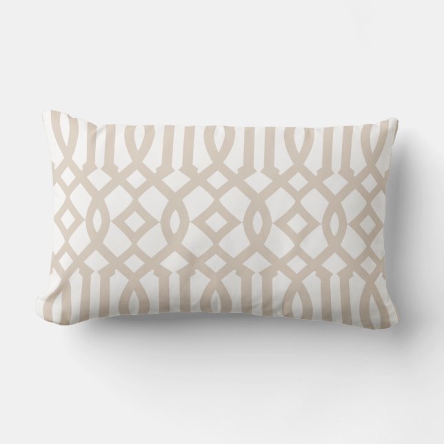 Modern White and Beige Trellis Pattern Lumbar Cushion (Front)