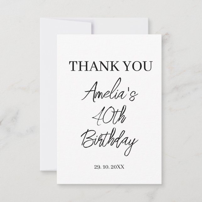 Modern White and Black Birthday Party Thank You Card (Front)