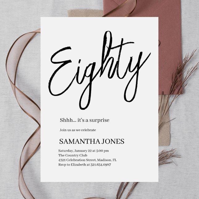 Modern White and Black Eighty 80th Birthday Party Invitation (Creator Uploaded)