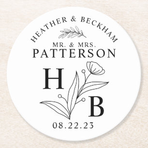 Modern White and Black Floral Laurel Wedding Round Paper Coaster