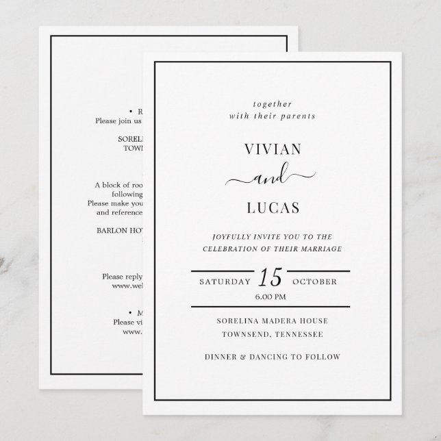 Modern White and Black Formal Minimal Wedding Invitation (Front/Back)