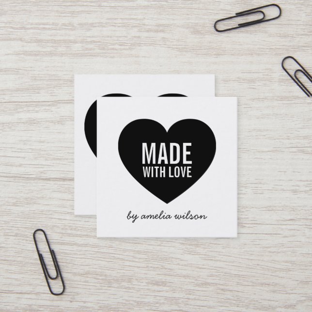 Modern White and Black Made with Love Heart Square Business Card (Front/Back In Situ)
