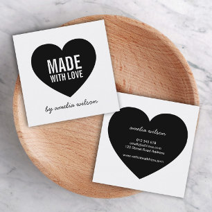 Modern White and Black Made with Love Heart Square Business Card