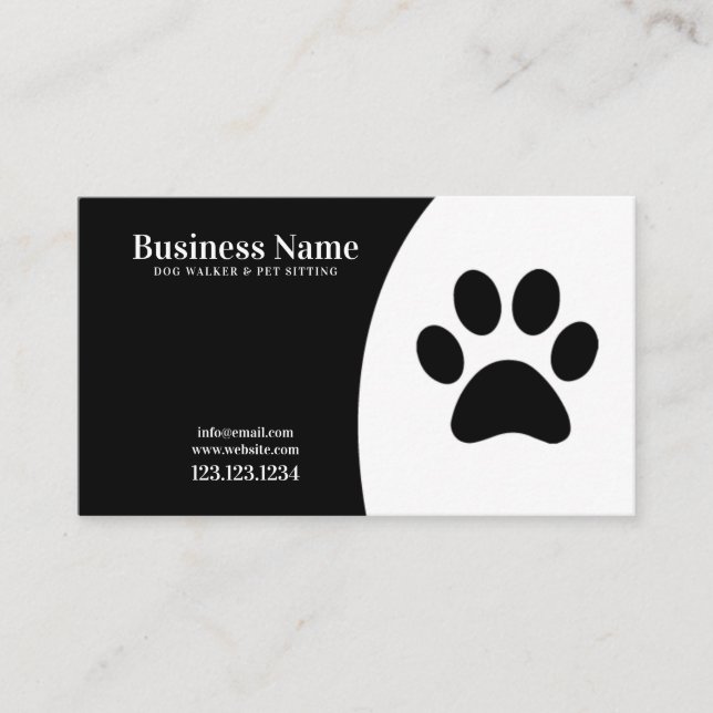 Modern White and Black Paw Print Dog Walking Business Card (Front)