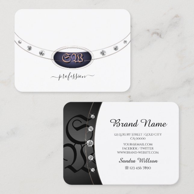 Modern White and Black Rose Gold Monogram Diamonds Business Card (Front/Back)