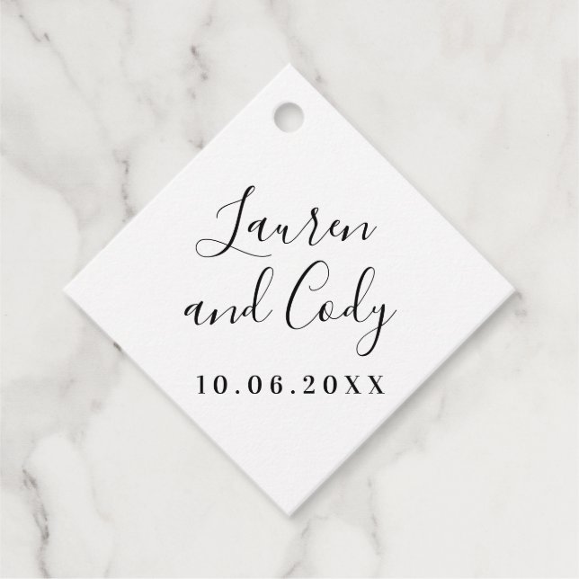 Modern White and Black Script Favour Tag (Front)
