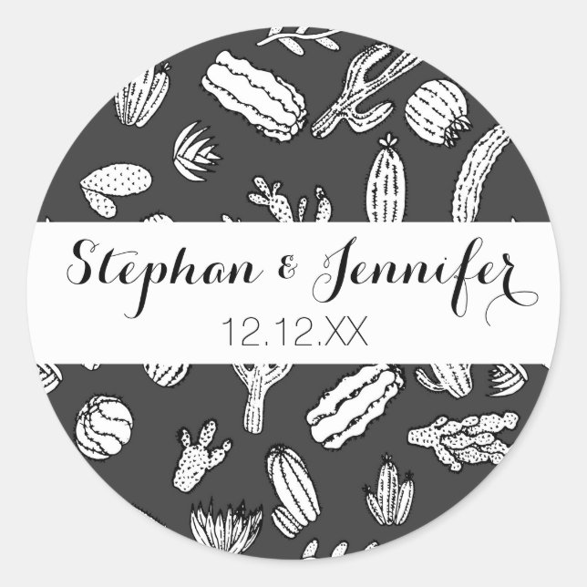 Modern White and Black Succulent Cactus  Pattern Classic Round Sticker (Front)