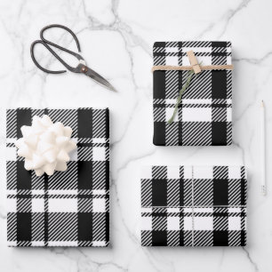 Modern White and Black Tartan Plaid  Wrapping Paper Sheet