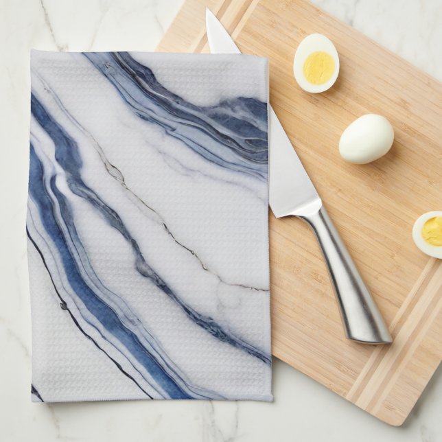 Modern White and Blue Minimalist Marble Tea Towel (Quarter Fold)