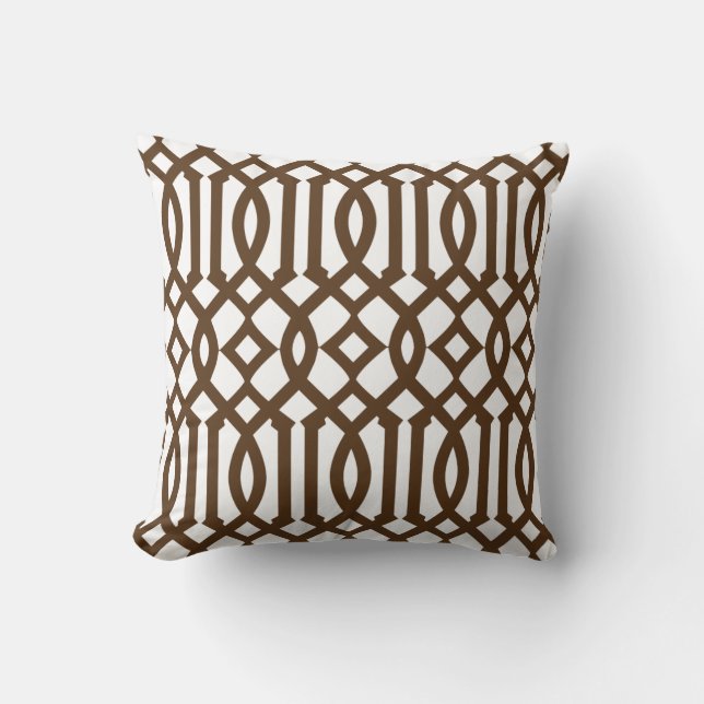 Modern White and Brown Trellis Pattern Cushion (Front)