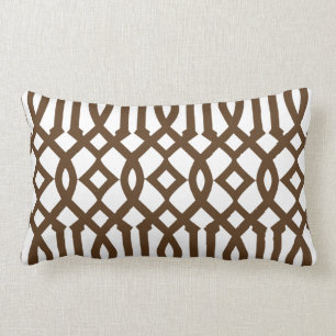 Modern White and Brown Trellis Pattern Lumbar Cushion