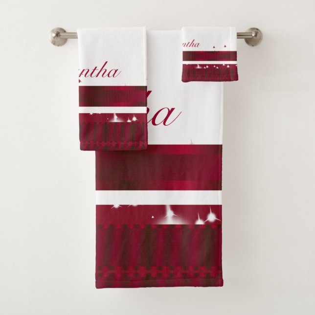 Modern White And Burgundy Purple  Geometric Bath Towel Set (Insitu)