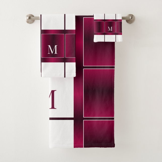 Modern White And Burgundy Purple Monogrammed Bath Towel Set (Insitu)