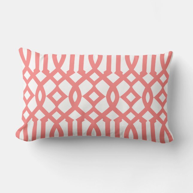 Modern White and Coral Red Trellis Pattern Lumbar Cushion (Front)