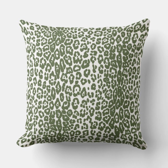 Modern white and dark green leopard print cushion (Front)