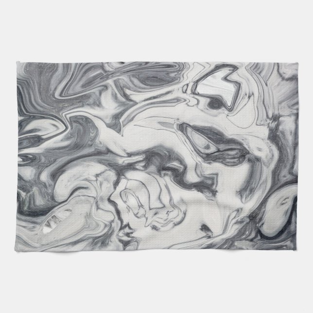 Modern White and Dark Grey Marble Pattern Tea Towel (Horizontal)