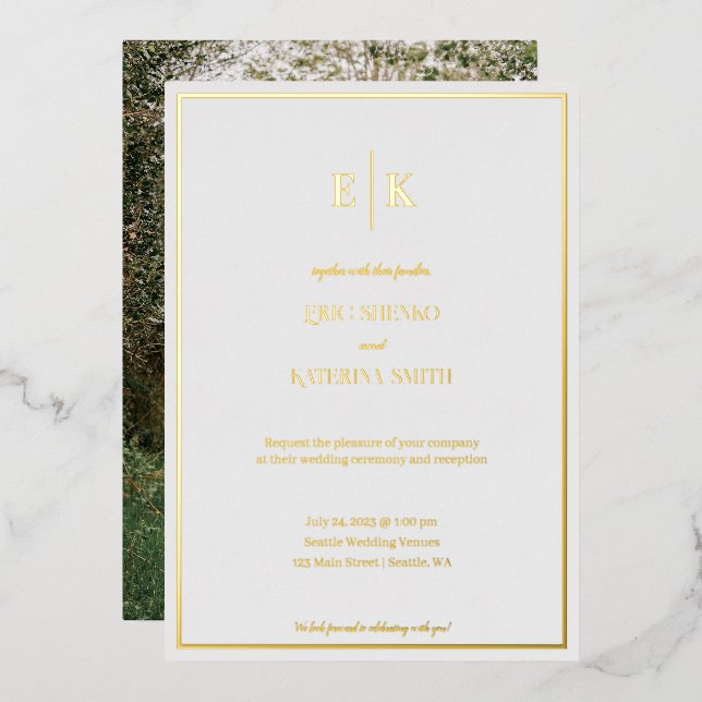 Modern White and Gold Foil Wedding Invitation (Front/Back)