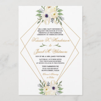 Modern White and Gold Geometric Floral Invitation