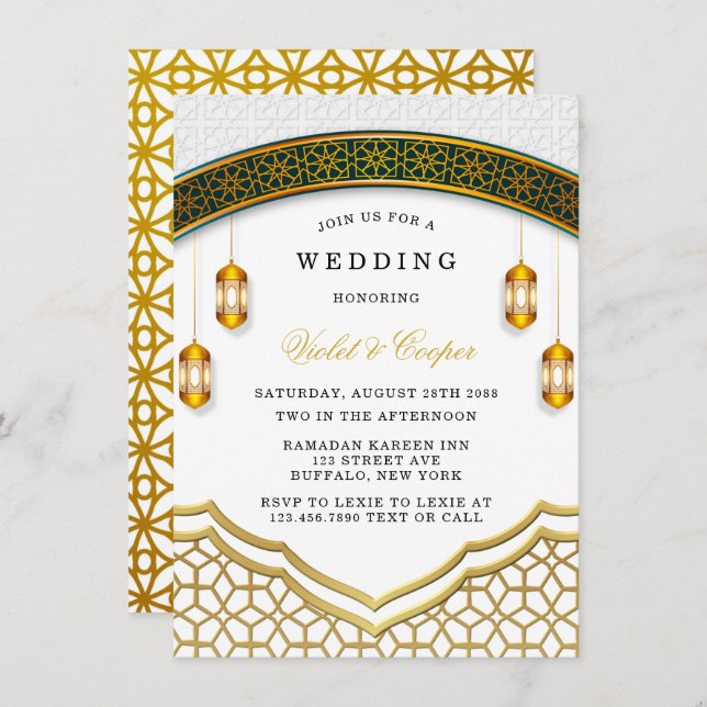 Modern White and Gold Islamic Wedding Invitation (Front/Back)