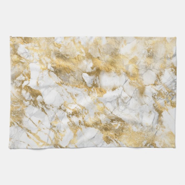 Modern White and Gold Marble Pattern Tea Towel (Horizontal)