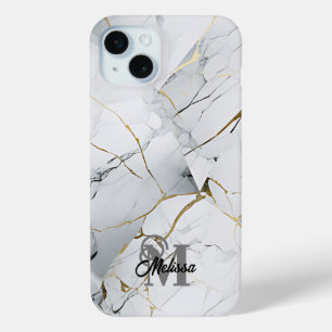 Modern White and Gold Marbled monogram iPhone 15 Mini Case